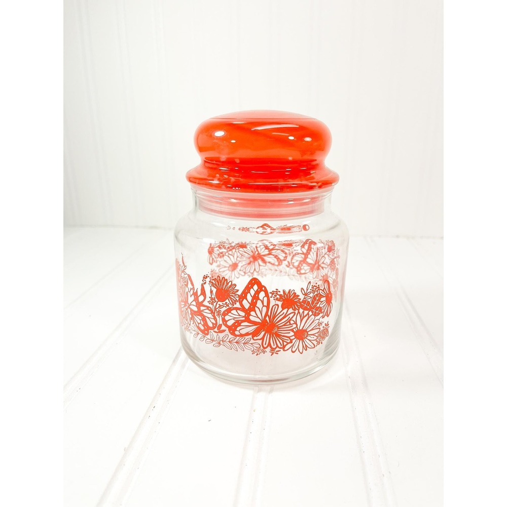 Vintage Butterfly 1960s Glass Apothecary Jar - Orange Butterfly Canister